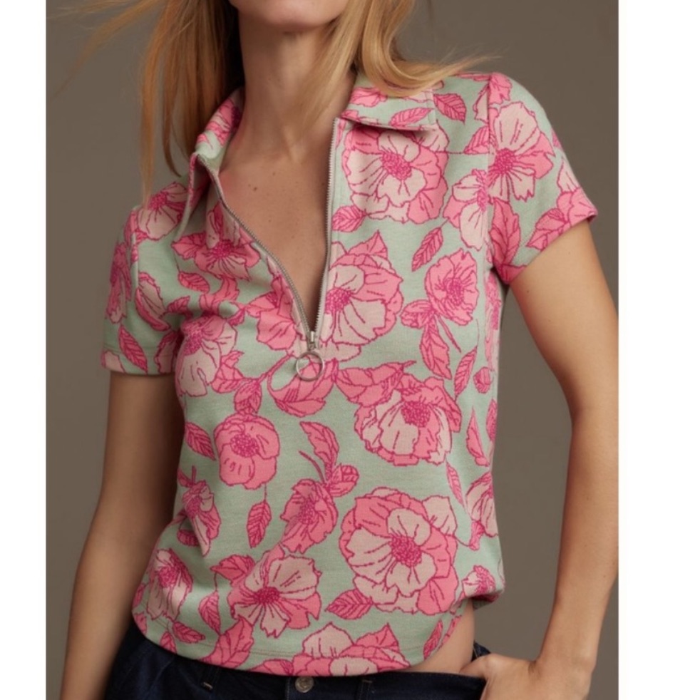 Anthropologie Pink And Green Floral Top